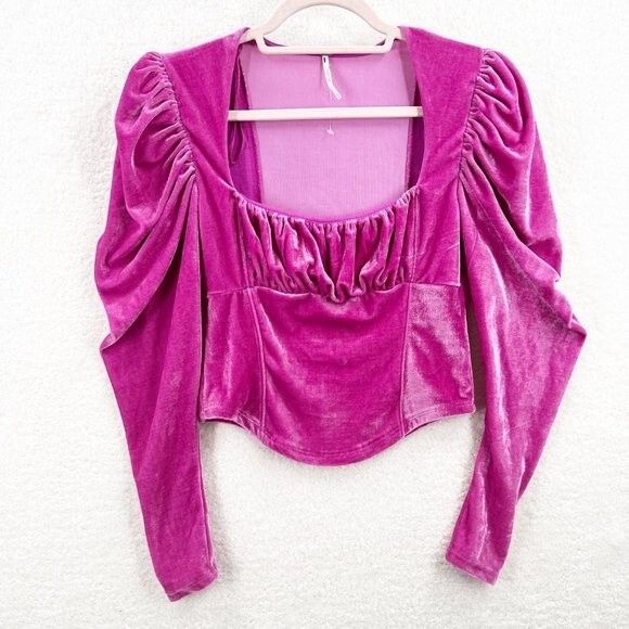 Free people Pink Velvet Puff Long Sleeves Top Size S NEW - Picture 1 of 8